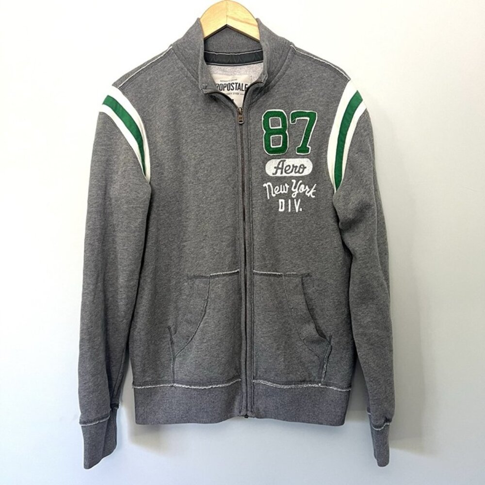 Men’s Aeropostale Full Zip Grey Sweatshirt sz M Spell‎ Out Preppy y2k Colorblock